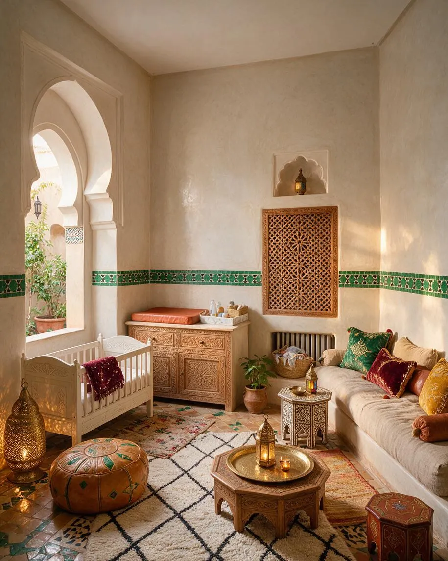 A cozy Moroccan-style nursery with cream plaster walls, green tile trim, and carved arched openings. The room includes a white crib, carved wooden dresser, a beige sofa with jewel-toned cushions, patterned rugs, lanterns, and decorative poufs, all lit by warm natural light.