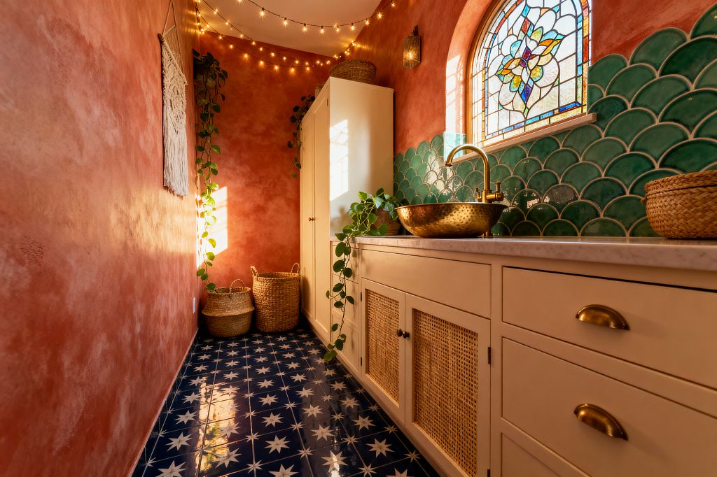 An elongated bohemian laundry room with warm terracotta plaster walls and navy star-pattern floor tiles features a cream cabinet run with cane-front doors and a white stone countertop. A hammered brass vessel sink and brass faucet sit before green scallop tiles and an arched stained-glass window, while string lights, a wall sconce, trailing vines, a macramé hanging, woven baskets, and a tall storage cabinet create a cozy, eclectic atmosphere.
