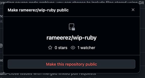 Screenshot of a GitHub repository page for the wip-ruby gem showing files, commits, and README content.