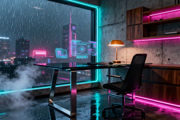 A cyberpunk home office features a glass-top desk with stainless legs and a black mesh task chair facing a floor-to-ceiling window over a rainy neon city. Teal and magenta LED strips frame the glass and shelving, raw concrete walls and walnut cabinets add warmth and texture, a golden dome lamp glows on the desk, and holographic interface graphics float on the window, reflecting across the polished concrete floor.