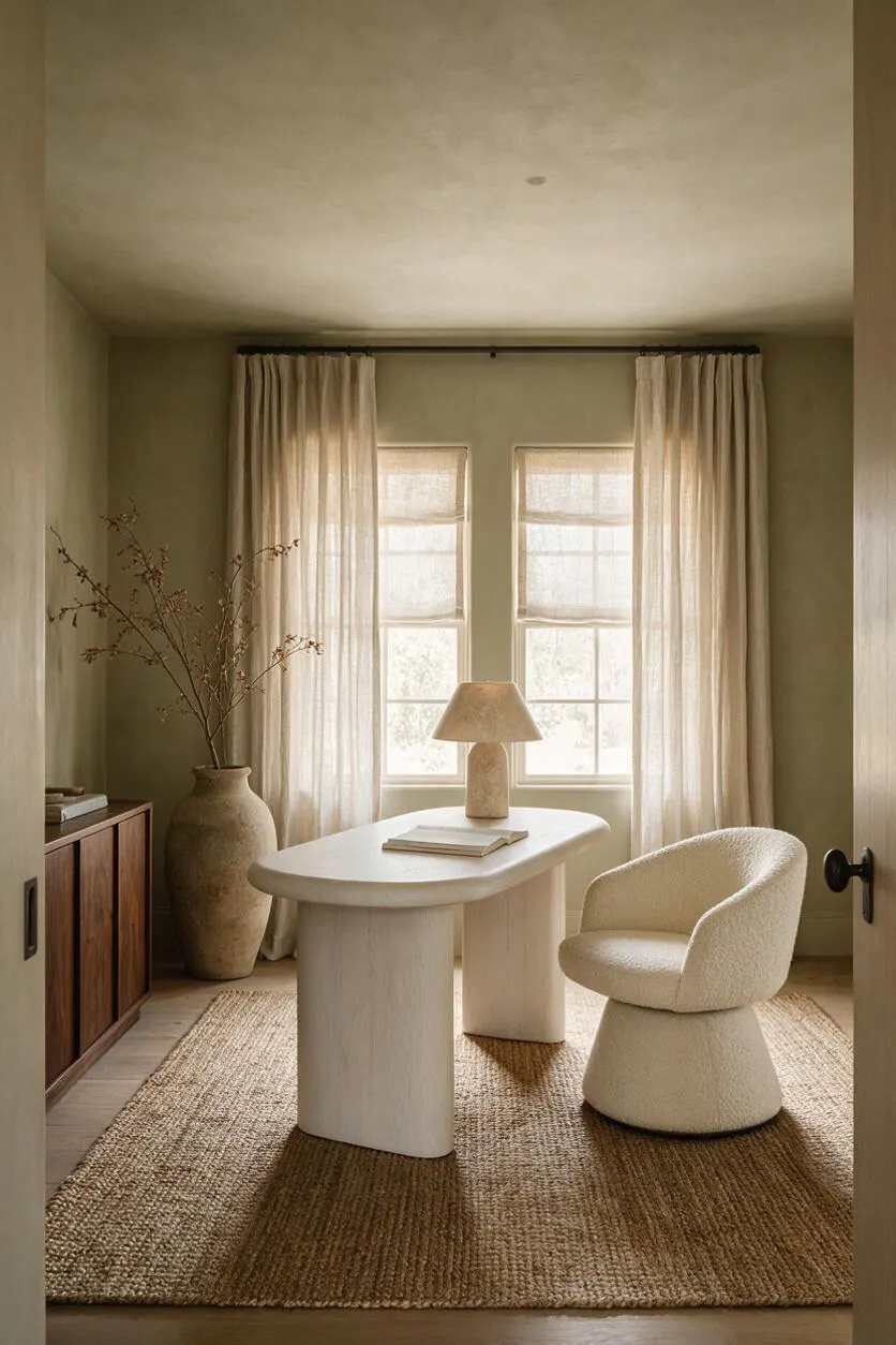 A calm home office with a rounded white sculptural desk centered on a woven jute rug, paired with a textured ivory swivel chair. Sheer curtains frame two windows behind the desk, while a large ceramic vase with branches and a wood cabinet add warm natural accents.