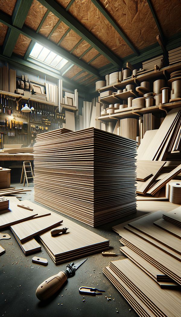 A stack of pressboard sheets in a workshop, ready to be used in furniture making.