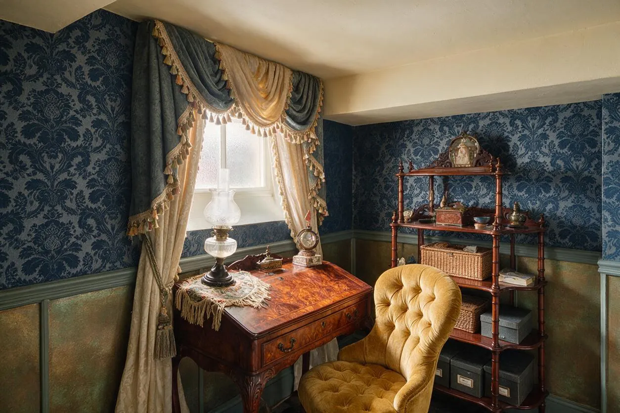 A cozy Victorian-style basement office corner with dark blue damask wallpaper, green wainscoting, and a small window dressed in layered teal and cream drapes. A polished wood writing desk, yellow tufted armchair, and tall open shelving filled with baskets and vintage objects create an elegant, old-world atmosphere.