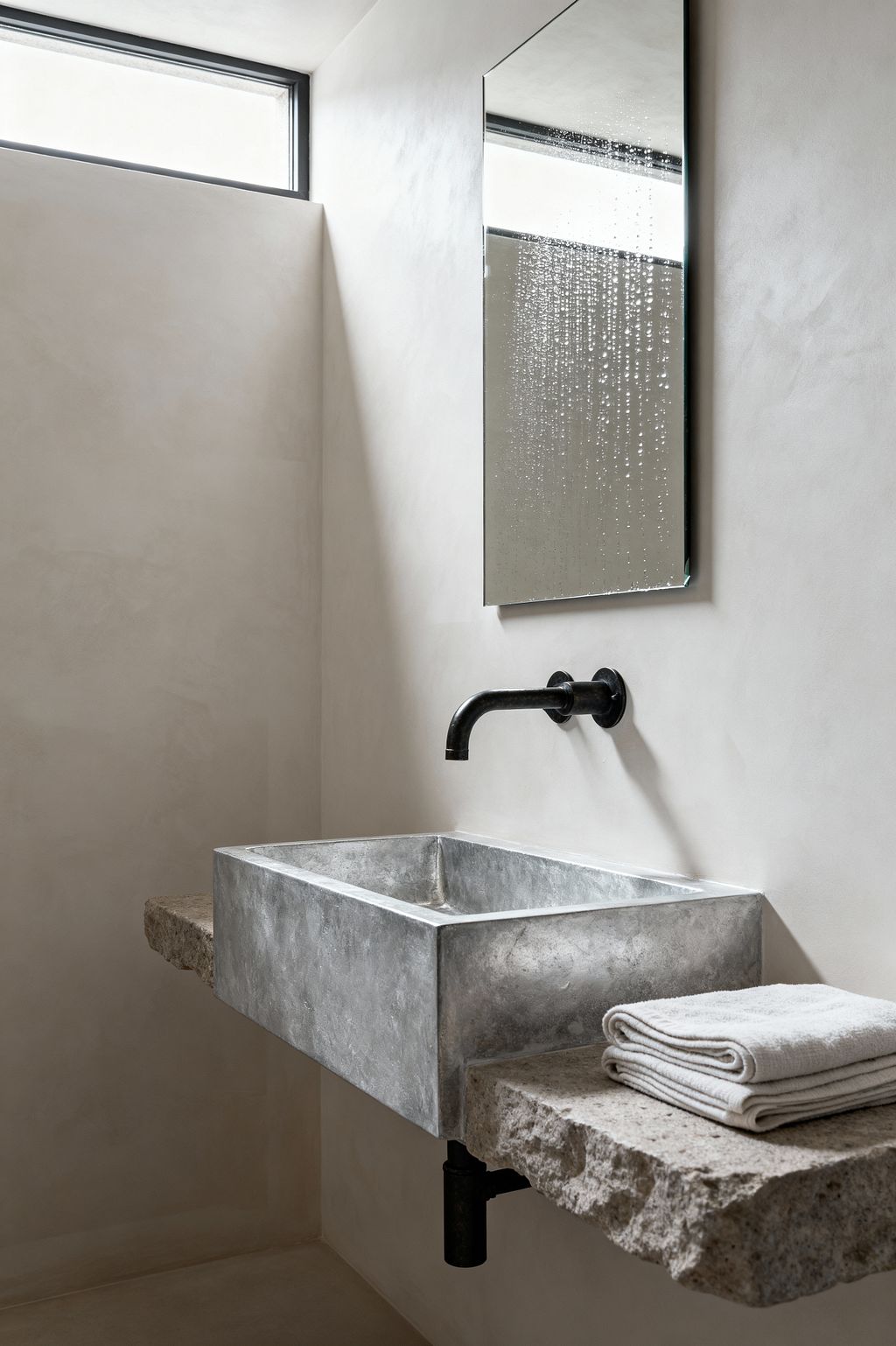 Minimalist bathroom with smooth off-white plaster walls and a narrow clerestory window. A rectangular concrete sink projects from the wall beside a rough-cut stone shelf holding folded white towels; above it hangs a frameless mirror with droplets, and a wall-mounted matte-black faucet and exposed black trap complete the restrained, textural composition.