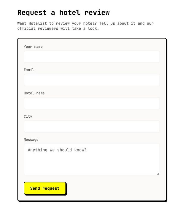 A user interface mockup for a hotel listing that includes color-coded columns for hotel name, city, price, and status, featuring checkboxes and an interactive 'Request for review' button.