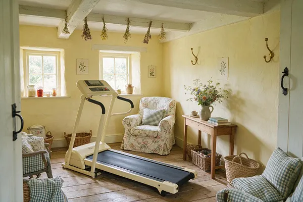 A small cottage-style home gym with a beige treadmill centered on wide wooden floorboards, surrounded by floral armchairs, wicker baskets, and a wooden side table with flowers. Cream walls, exposed ceiling beams, hanging dried herbs, and soft daylight from two windows create a warm, rustic atmosphere.