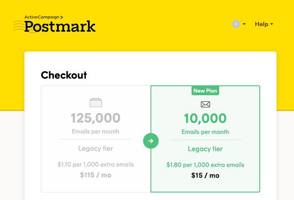 The image displays a checkout interface for Postmark, showing two email plan options.