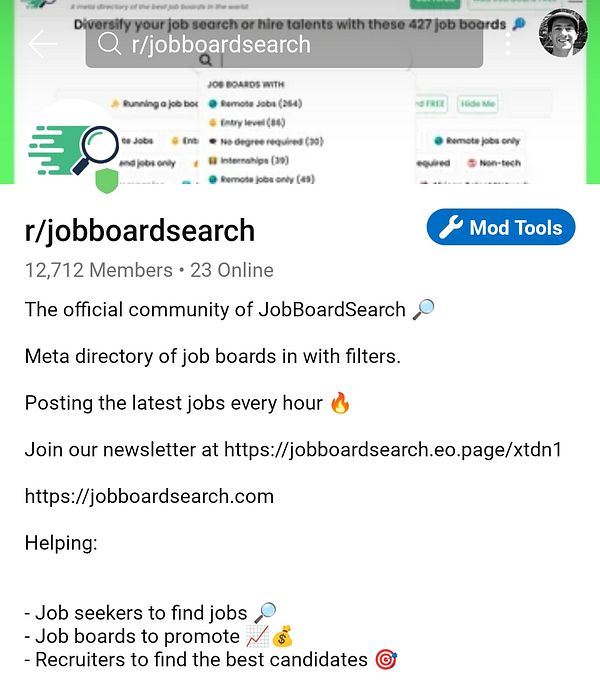 The image displays the subreddit r/jobboardsearch, highlighting its community and features.