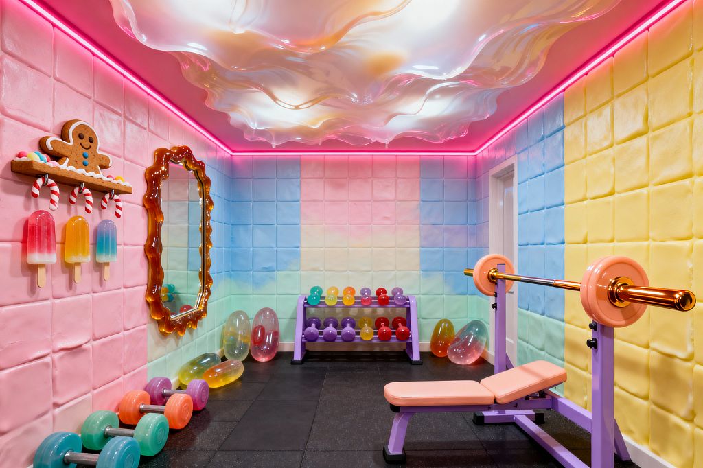 Playful home gym with pastel, marshmallow-like wall panels in pink, blue, yellow, and mint, trimmed with neon pink LED lighting and a glossy, iridescent ceiling resembling melting sugar. A lavender bench press with peach vinyl pads sits on black rubber flooring beside a purple rack of multicolored dumbbells, jelly-bean-like acrylic accents, an amber scalloped mirror, and a gingerbread shelf with candy-cane hooks and popsicle wall decor.