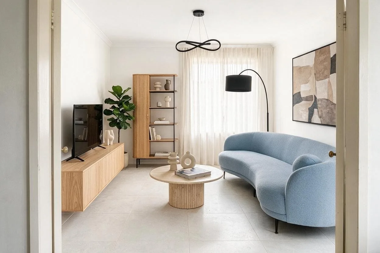 The same Modern living room in the Soft Blue palette: white, soft blue, light oak, pale gray, and black