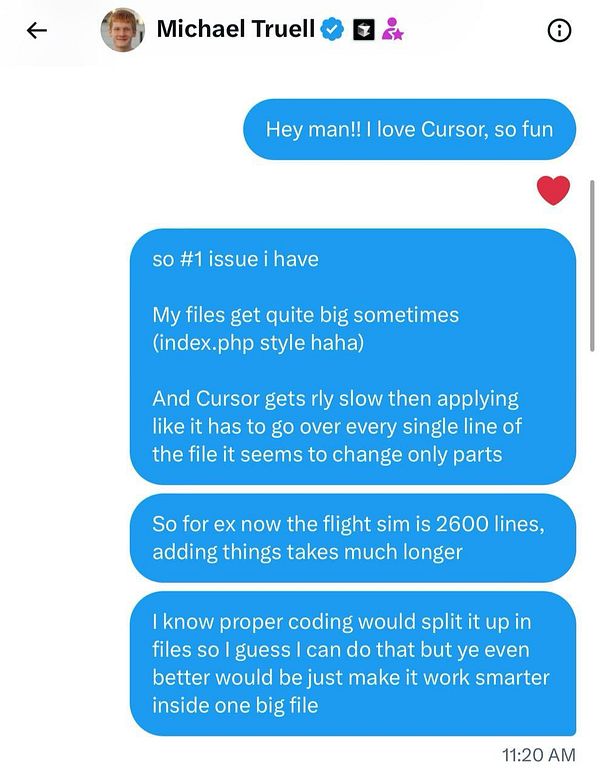 A conversation between Michael Truell and another individual discussing issues with the Cursor application.