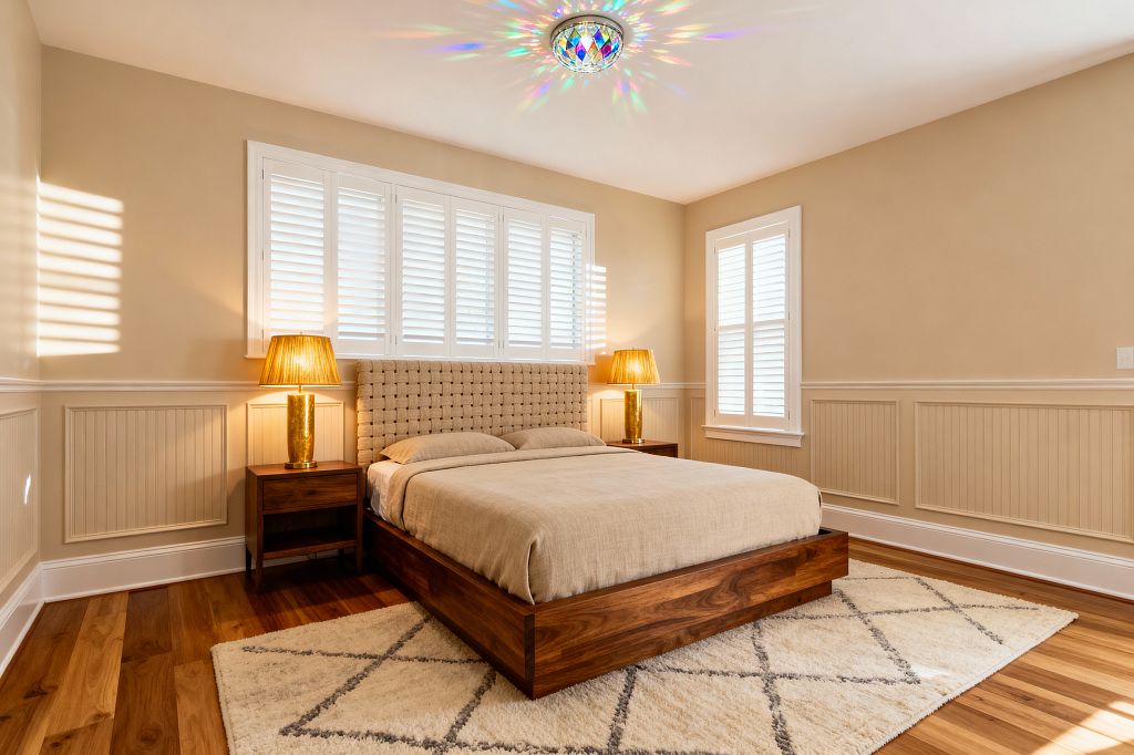 A serene bedroom features a low walnut platform bed with oatmeal bedding and a woven beige headboard, flanked by matching wooden nightstands. Brass lamps with pleated shades glow against warm beige walls with white beadboard wainscoting and plantation shutters; a plush cream rug with gray diamonds rests on light oak floors, and a decorative flush-mount ceiling light casts colorful reflections overhead.