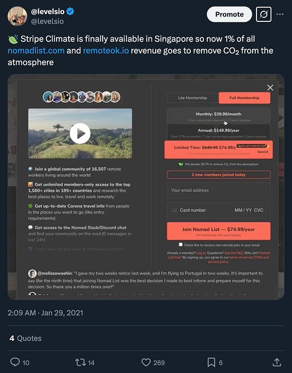The image features a promotional tweet about Stripe Climate and a membership offer for Nomad List.