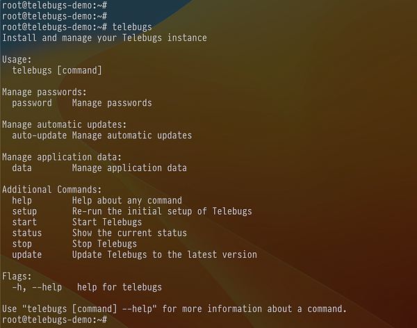 The image displays a command-line interface for managing a Telebugs instance.