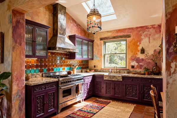 A Bohemian kitchen features carved plum cabinets with reeded-glass uppers, granite counters, and a backsplash of amber and turquoise glass tiles behind a stainless range and patinated metal hood. Sun-washed plaster walls, a skylight and beaded chandelier, a farmhouse sink with brass faucet, terracotta floor tiles, layered jute and kilim rugs, and potted plants complete the warm, eclectic space.