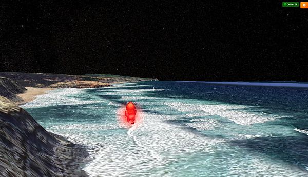A vibrant red boat is navigating through a stylized ocean scene under a starry sky.