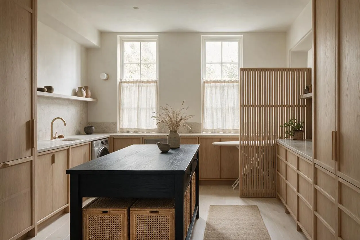 A serene laundry room with light oak cabinetry, a dark central island, and two tall windows with sheer curtains. A slatted wood divider, stone countertops, and woven storage baskets add natural texture to the calm neutral space.