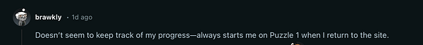 A Reddit comment discussing a user's experience with a puzzle game.