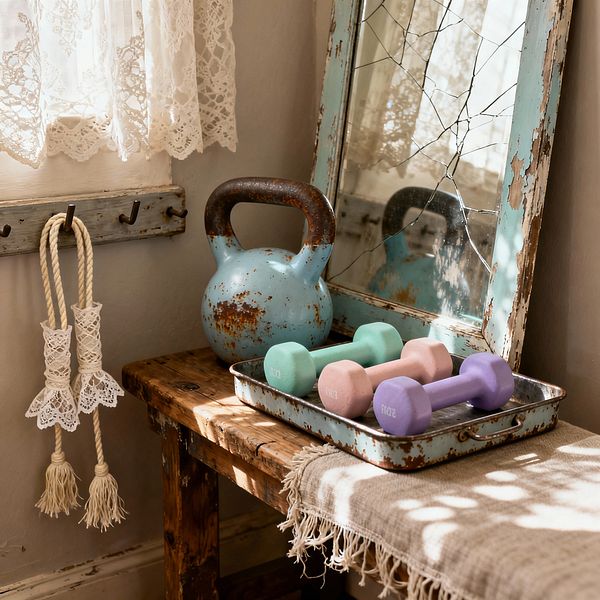Close-up of a Shabby Chic home gym nook: a rustic wooden bench holds a distressed aqua enamel tray filled with pastel dumbbells in mint, blush, and lavender, next to a light blue kettlebell with rusted patina. A cracked mirror in a chippy aqua frame leans against an ivory wall beneath lace curtains, while a linen fringe throw and a small hook rail with braided cotton tassels add soft, vintage texture under warm, dappled sunlight.