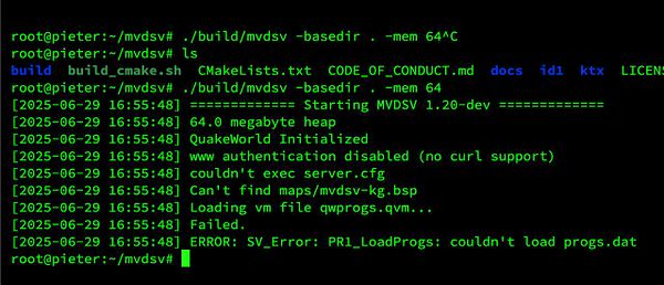 A terminal interface displaying commands and error messages related to setting up a Quakeworld server.