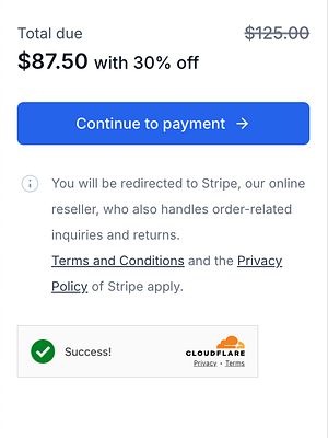 The image displays a payment confirmation interface with a total amount due and a success message.