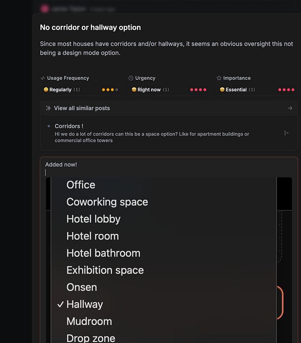 The image displays a task interface discussing the absence of corridor or hallway options in a design application.