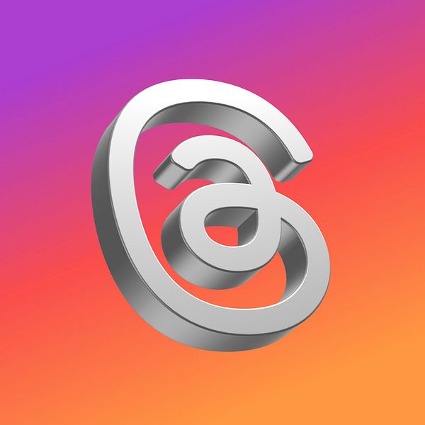 A stylized, metallic logo is displayed against a vibrant gradient background.