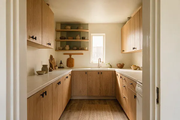 A narrow kitchen with light oak cabinets in a U-shaped layout, paired with pale stone countertops and matte black pulls. Open wood shelves hold neutral ceramic pottery, and a small window above the sink brings soft natural light into the warm, organic space.