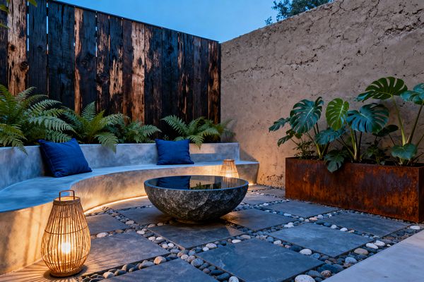 An intimate patio features a curved cast-concrete bench with integrated warm LED strip lighting, furnished with navy cushions. Behind, a charred wood fence frames a bed of ferns, while a stucco wall meets a long Corten steel planter filled with monstera. At center, a low basalt bowl holds still water, surrounded by large square stone pavers set in bands of smooth river pebbles. Two rattan lanterns glow softly, creating a calm, nature-forward space at dusk.