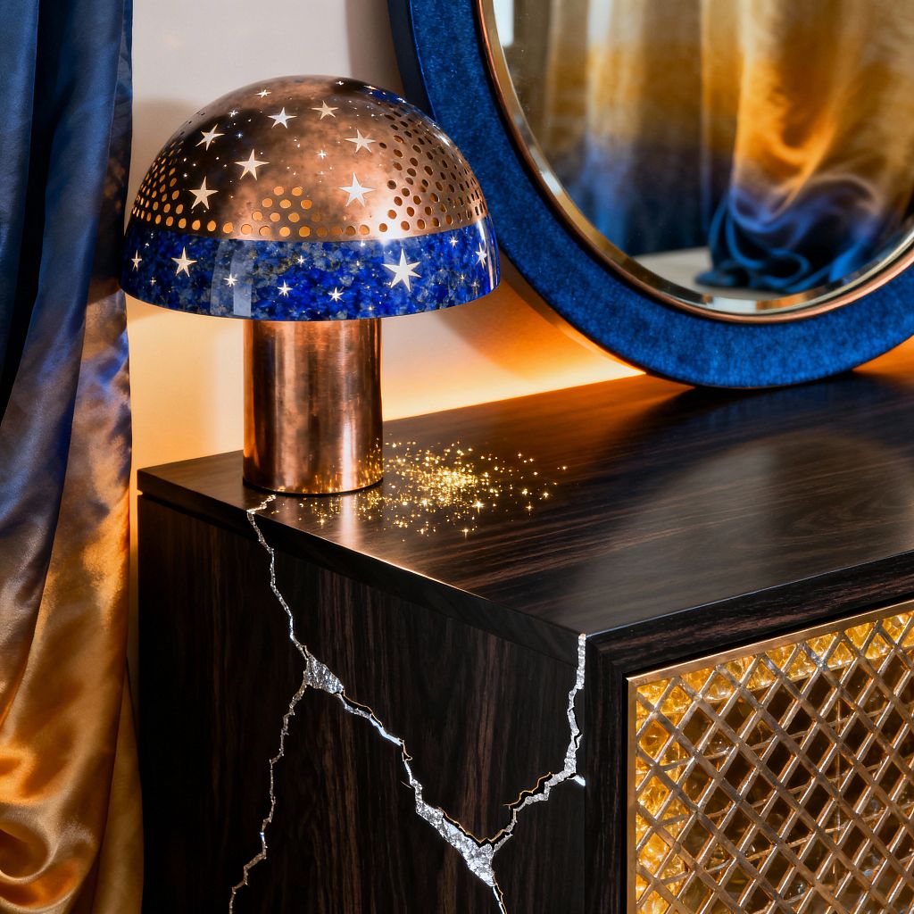 A close-up living room vignette features a dark wood console with silver kintsugi-style inlays and a backlit diamond lattice panel glowing amber. A copper table lamp with a perforated, star-studded dome and cobalt band sits on top, scattering small glitter-like flecks. At right hangs a round mirror with a deep blue frame, while ombre drapery in blue fading to gold cascades at left, all bathed in warm ambient light.