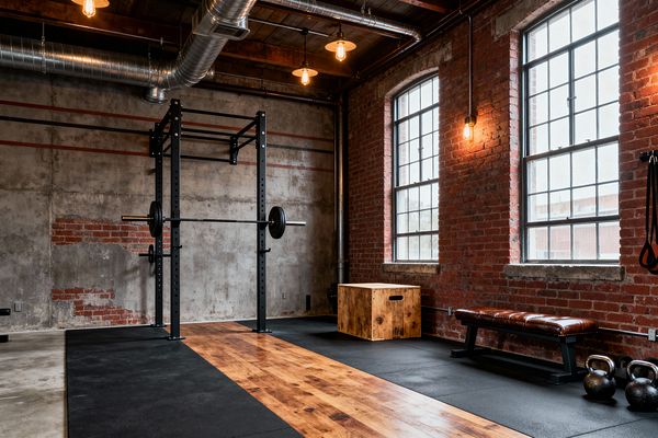 Industrial home gym featuring exposed red brick walls, weathered concrete, and tall black-framed factory windows. A black steel squat rack with barbell stands on black rubber flooring with a central maple lifting platform. To the right sit a wood plyo box, a brown leather bench with black metal legs, and kettlebells. Overhead, wood beams, galvanized ductwork, and Edison bulbs provide warm light, with a matching wall sconce near the windows.