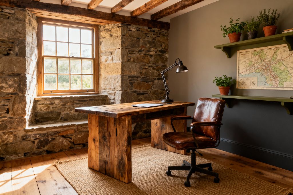 A rustic home office features a thick stone wall with a wood-framed window, a solid reclaimed-wood desk, and a cognac leather swivel chair set on a jute rug. Exposed timber ceiling beams, wide-plank wood flooring, a charcoal painted wall with olive green shelves, terracotta potted herbs, a framed vintage map, and a black metal task lamp complete the warm, sunlit space.