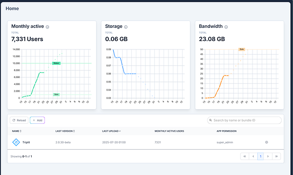 The image displays a dashboard with usage statistics for a software application, including monthly active users, storage, and bandwidth.