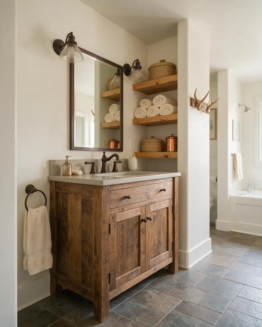 A rustic master bathroom with a reclaimed wood vanity, stone countertop, dark metal faucet, and wall mirror framed in metal. Open wooden shelves hold rolled towels and woven baskets, while neutral walls and slate tile flooring create a warm, natural look. Brass hooks and copper accents add character.