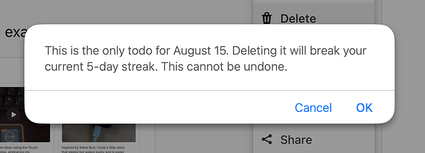 Mockup of a mobile app screen showing a todo delete confirmation with streak impact explanation.
