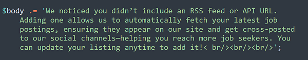 The image displays a code snippet for a job board welcome email message.