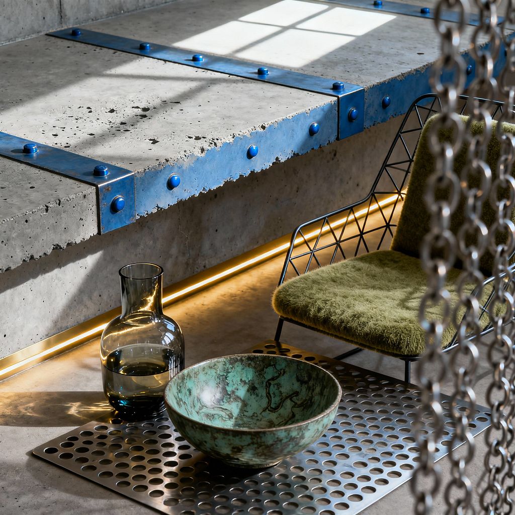 Close-up of an industrial dining vignette featuring a rough-edged concrete slab reinforced with blue riveted steel straps and underlit by a warm linear LED. In front, a perforated steel plate holds a smoky glass carafe and a patinated green ceramic bowl beside a wire-frame chair with a moss-green cushion, while a chain curtain and gridded window shadows add layered texture.
