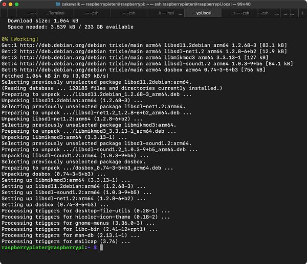 The image displays a terminal interface showing the process of installing packages on a Raspberry Pi via SSH.