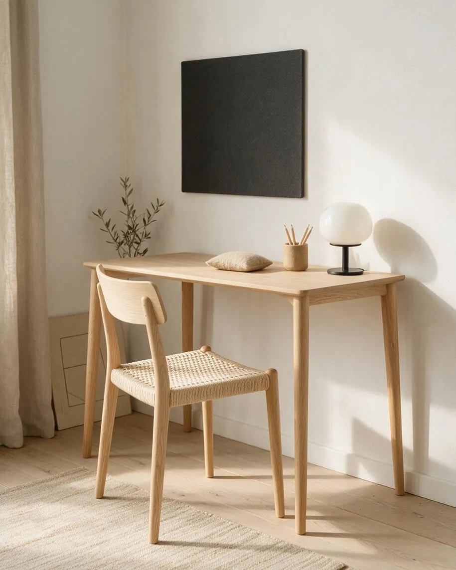 A serene Scandinavian-style workspace with a light oak desk, a woven-seat wooden chair, and a small white lamp on the tabletop. The space has cream walls, pale wood flooring, a neutral rug, and a large dark wall panel for contrast.