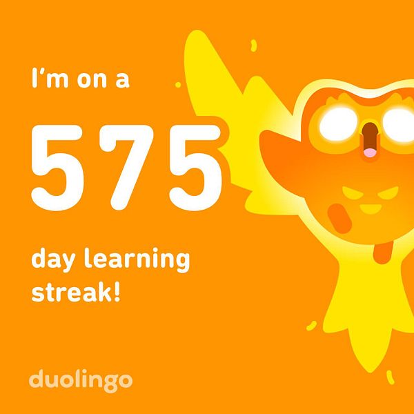 A vibrant graphic celebrating a 575-day learning streak on Duolingo.