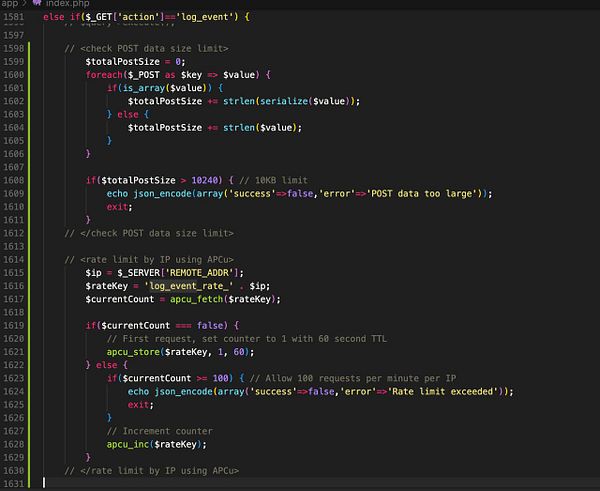 The image displays a PHP code snippet for implementing size and rate limits on a log_event endpoint.