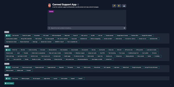 The image displays a user interface for the Canned Support App, showcasing various preset canned messages for customer support.