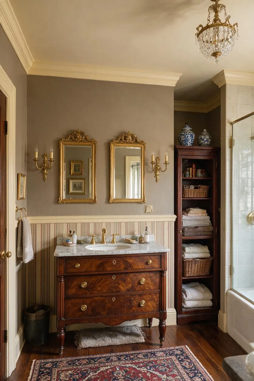 A traditional master bathroom features a dark wood vanity with a marble countertop and brass faucets beneath two ornate gold-framed mirrors. The room includes wall sconces, striped wainscoting, a crystal chandelier, a tall built-in shelving cabinet with baskets and towels, and a glimpse of a tiled shower and patterned rug.