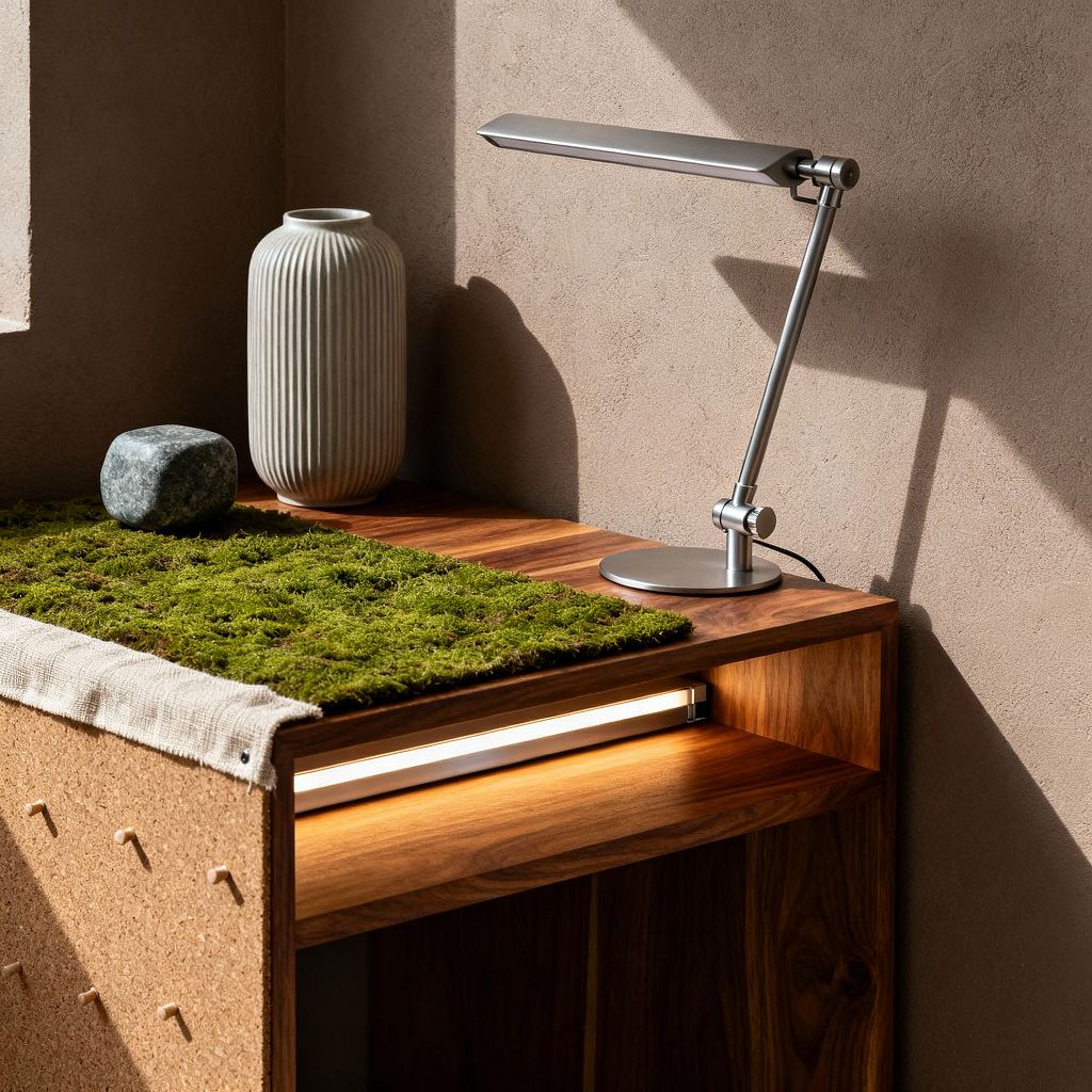 A sunlit Scandinavian home office vignette featuring a walnut desk with a cork pegboard side, topped by a moss desk pad. A ribbed light-gray ceramic vase and smooth gray stone sit near a brushed aluminum task lamp. An integrated warm-white LED strip illuminates the open shelf below. The backdrop is a warm beige plaster wall, with crisp shadows cast by natural light from a nearby window.