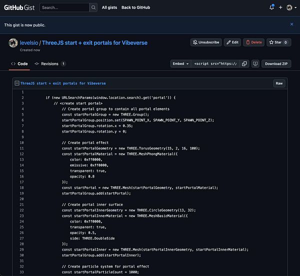The image displays a code snippet from a GitHub Gist related to creating portals in a Three.js project for Vibeverse.