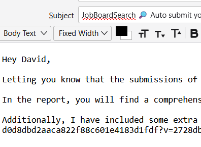 Report table listing directory submission services with job board names, statuses, and submission dates.