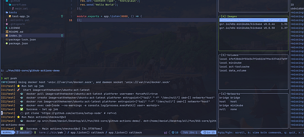 Terminal window displaying a local run of a GitHub Actions workflow using the 'act' tool with Docker containers and a VS Code sidebar showing project files and Docker resources.