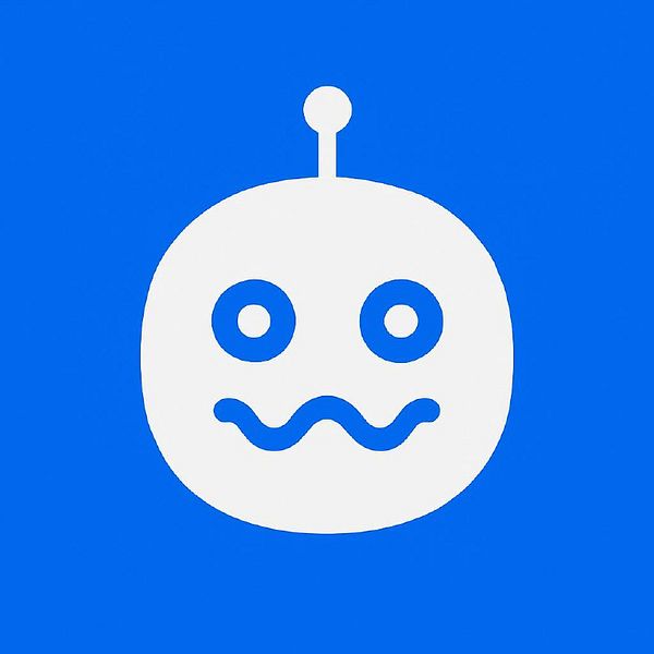 A simple, stylized robot face icon on a blue background.