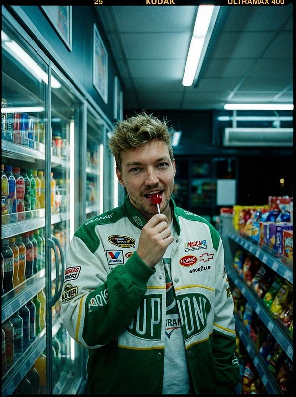 A surreal portrait of a bald woman with large eyes, set against a psychedelic, vibrant background with cityscape elements.