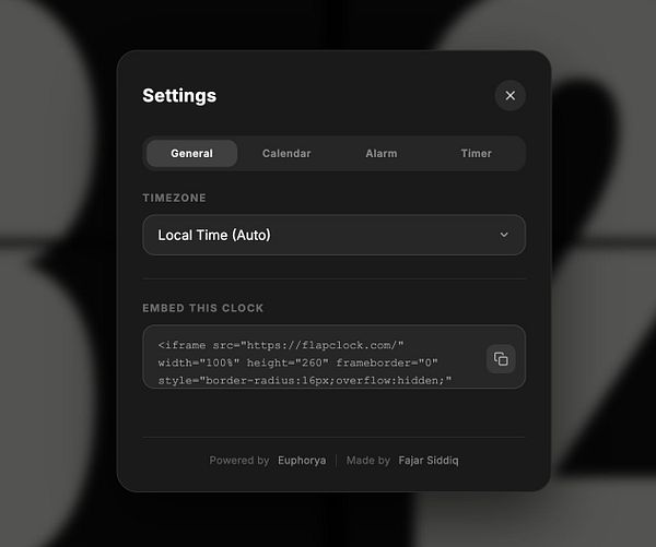 Screenshot of the settings menu in a digital clock application showing options for Weather, Timezone, Embed, Calendar, Alarm, Timer, and Sound.